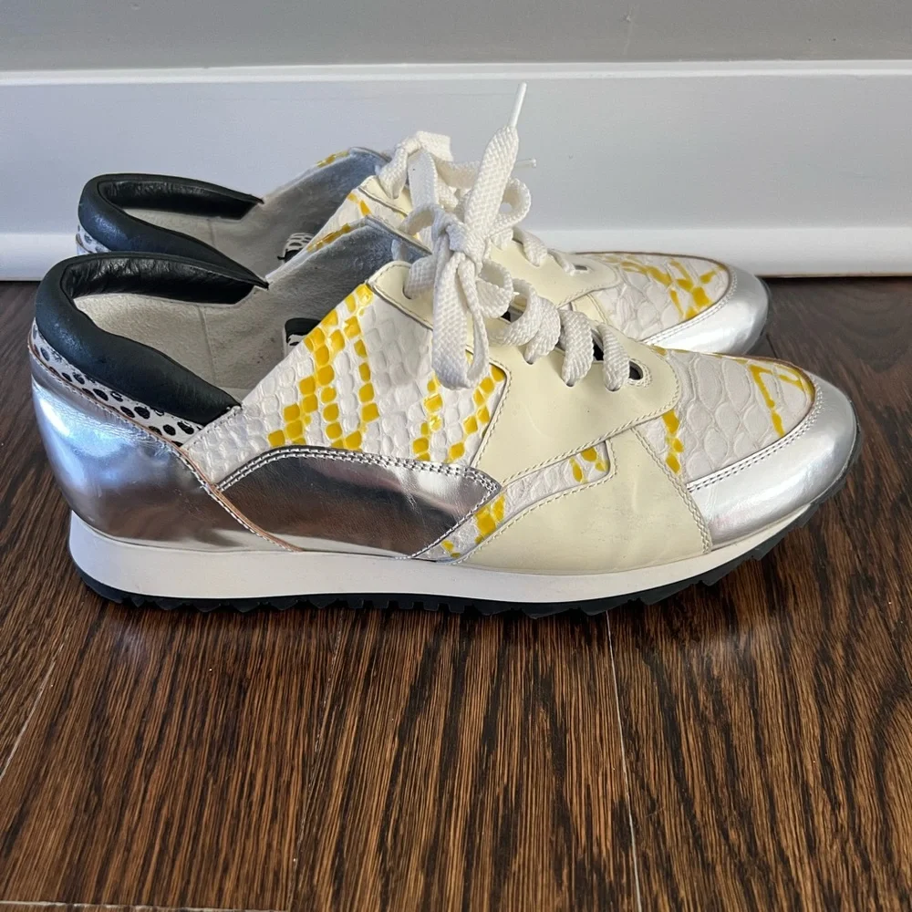Iceberg Women's Sneakers w/ reptile skin and yellow paint platter, size 37 (6.5)